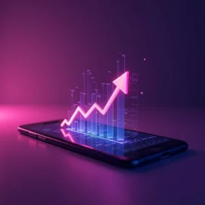 Concept art of mobile data analytics showing an upward-trending financial arrow and bar graph on smartphone