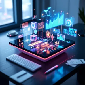 Visual concept of advanced digital technology, AI systems, and real-time data analytics in a modern workspace