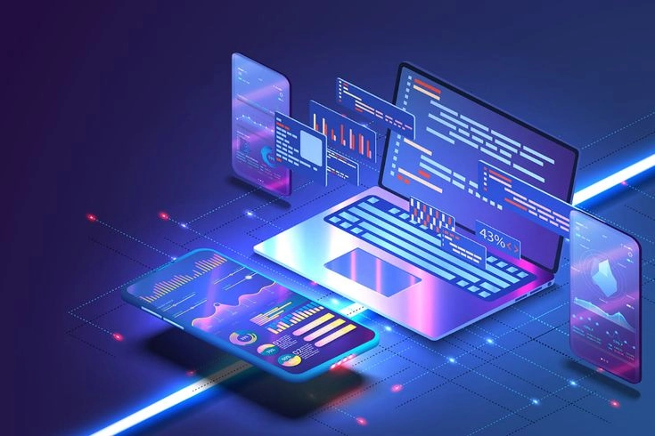 Visual representation of digital technology, data analytics, and modern software develoment across multiple devices